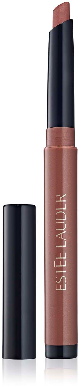 A lip balm or lipstick in a lipstick tube with a black cap and beige product exposed. Lesie Lauder branding on the tube.