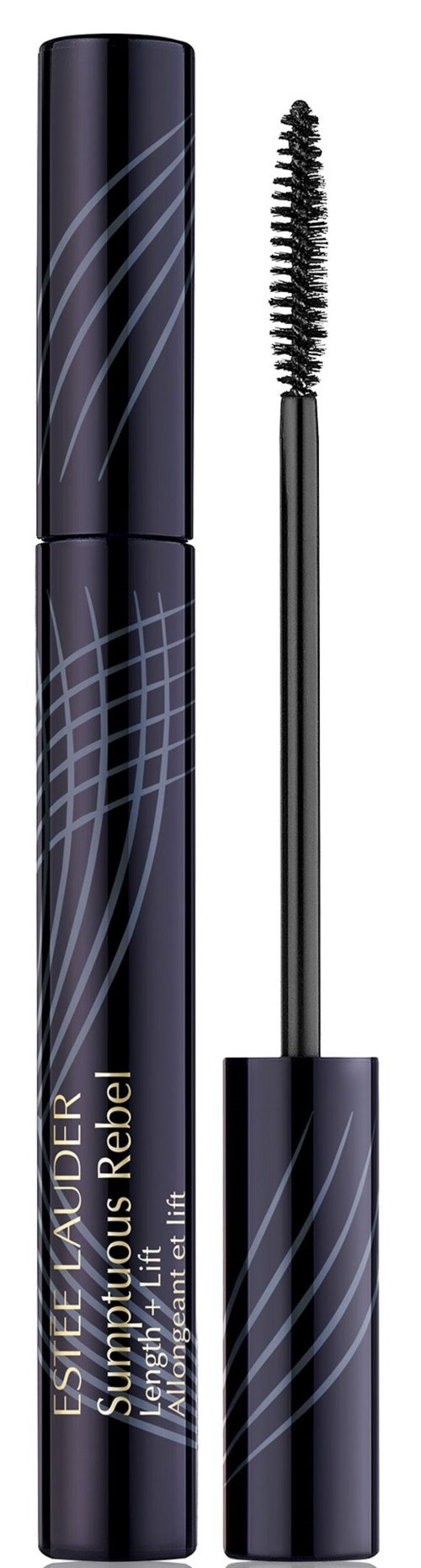 Een mascara-tube met een gebogen borstel, zwart met blauwe lijnen, gelabeld "LASH SENSATION" en "Volumizing Mascara."