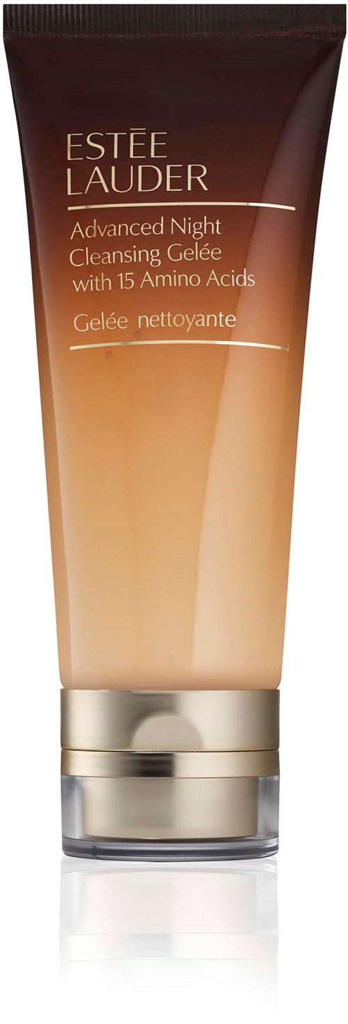 Een gezichtsreinigingsgel in een tube, met label 'Estée Lauder Advanced Night Cleansing Gel met 15 Aminozuren.'