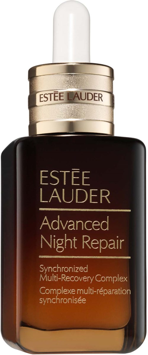 En mörkbrun flaska med Estée Lauder Advanced Night Repair serum och droppkork.