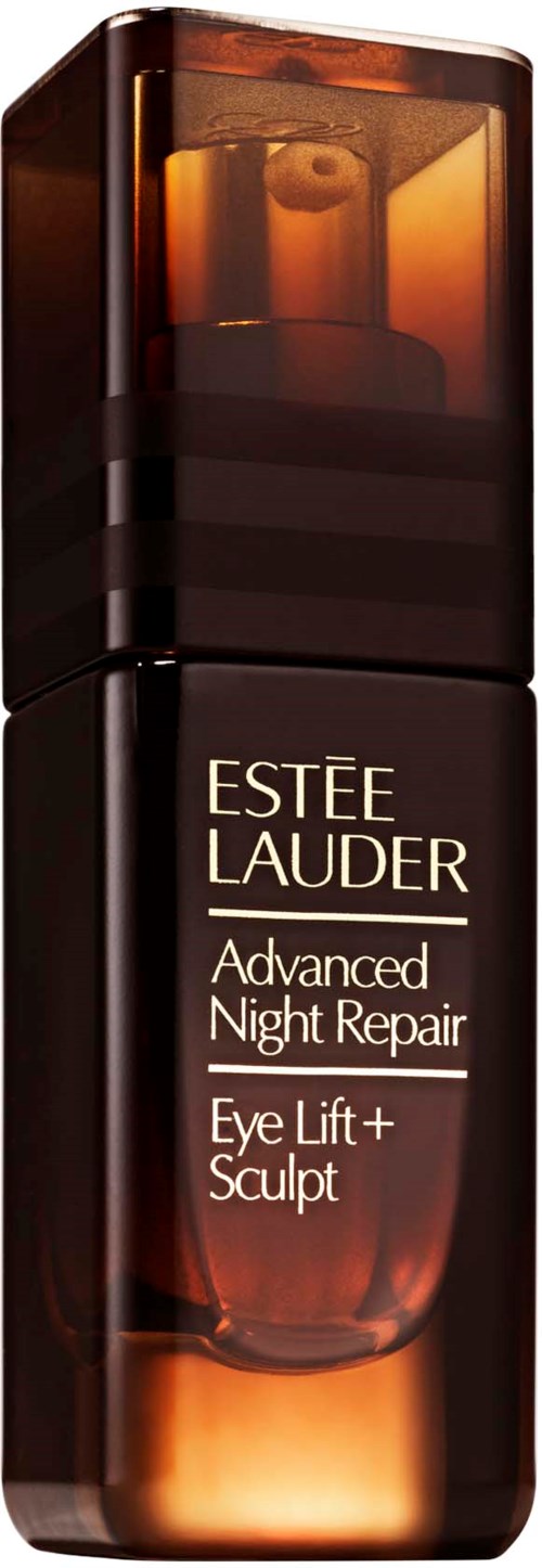 Een bruin en zwart flesje van Estée Lauder Advanced Night Repair oogserum met pompdispenser.