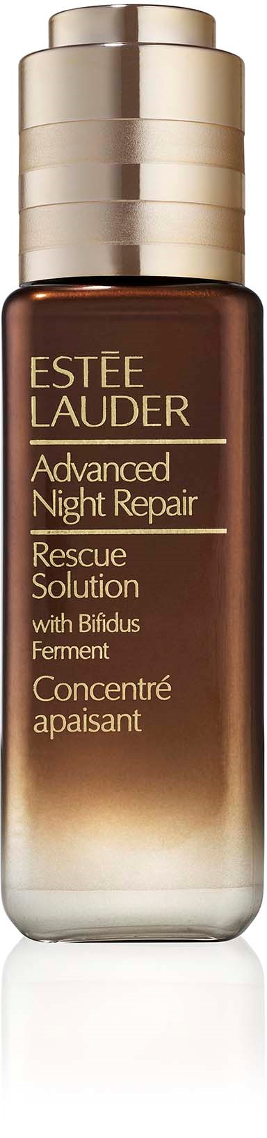 Een bruine fles met gouden dop met de tekst "Estée Lauder Advanced Night Repair" en extra tekst.