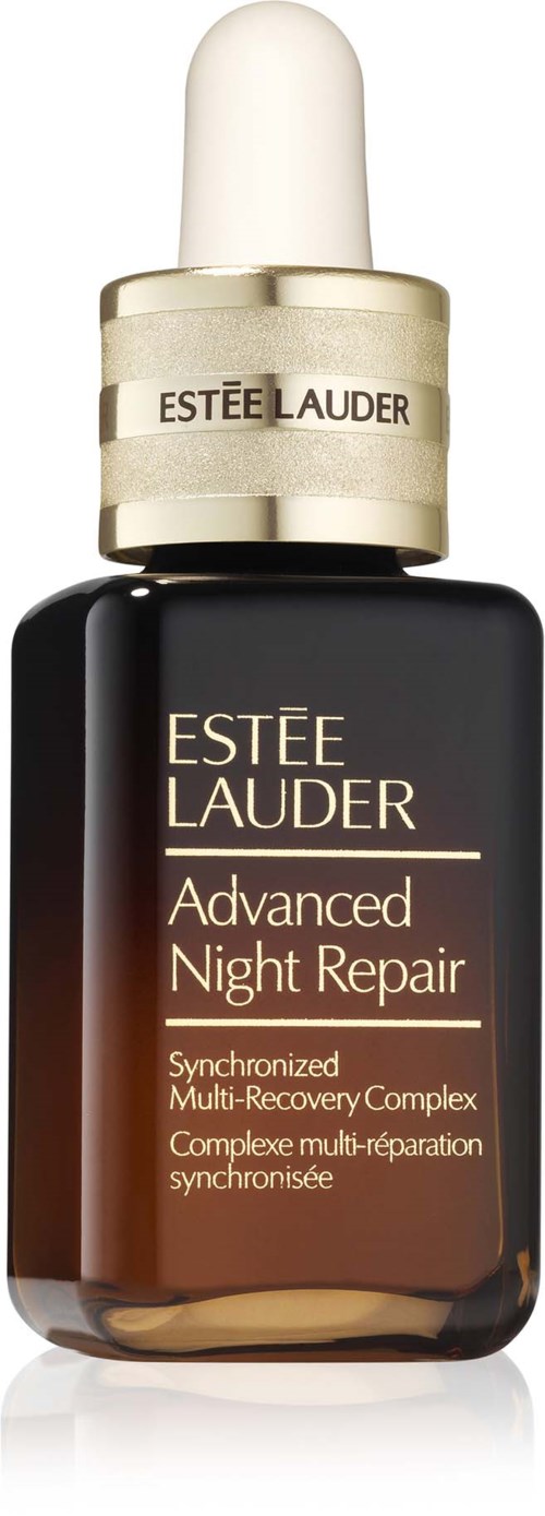 Een donkerbruine fles met een witte druppeldop met het label Estée Lauder Advanced Night Repair.