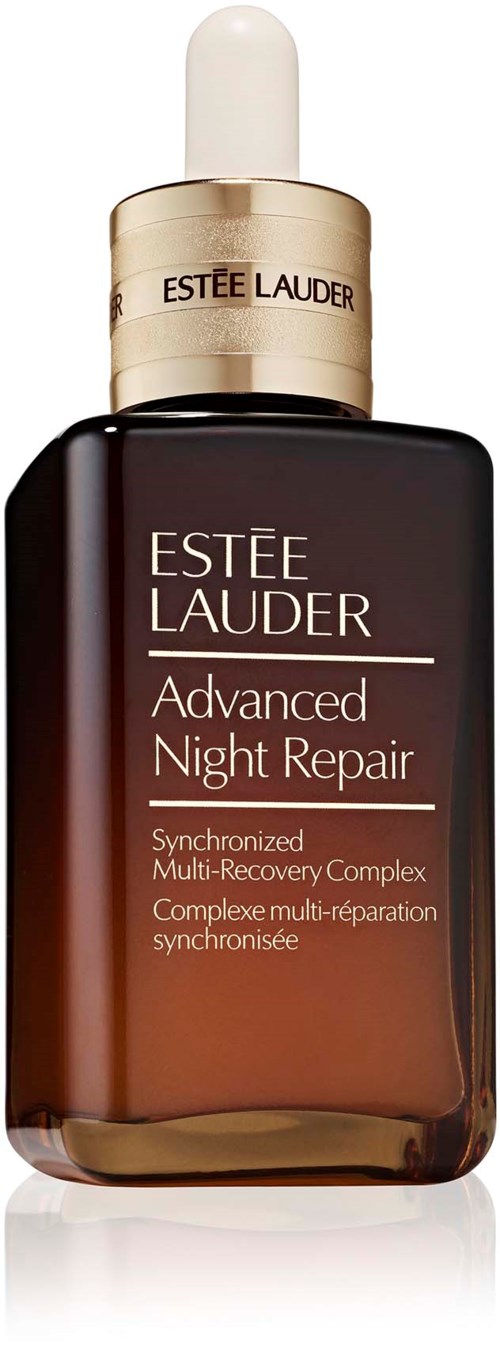 Een bruine flesje van Estee Lauder Advanced Night Repair serum met een witte pipetdop.