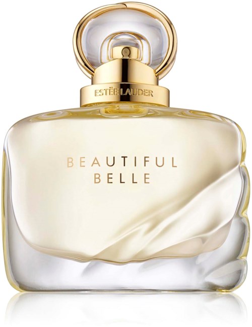 Een parfumfles met goudaccenten en elegant ontwerp, gelabeld 'Beautiful Belle' door Estée Lauder.