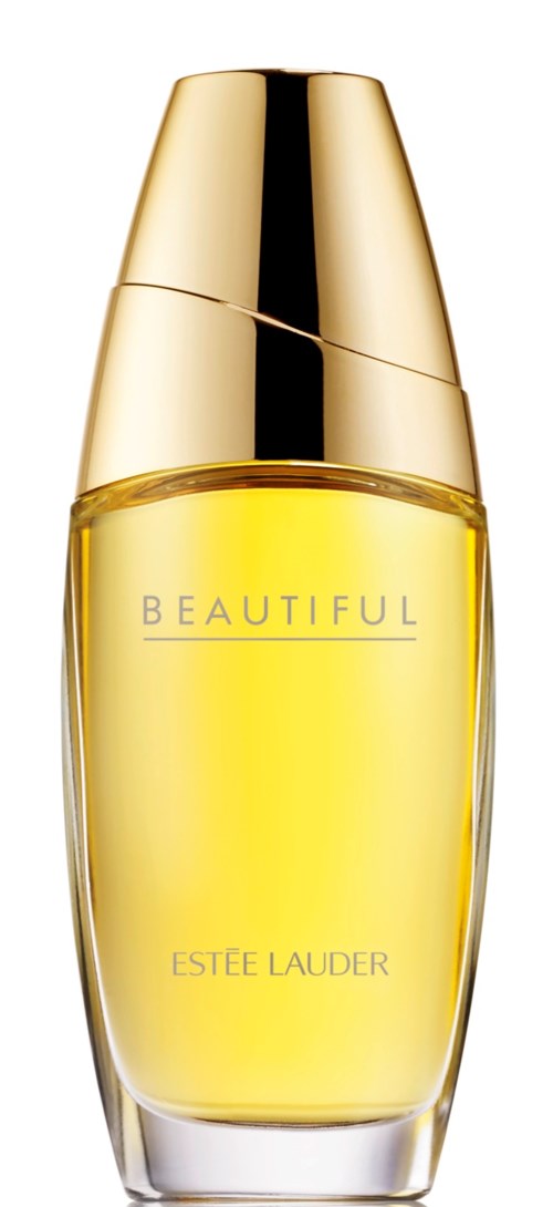 Een gele parfumfles met goudkleurige dop, met label 'BEAUTIFUL' van Estée Lauder.