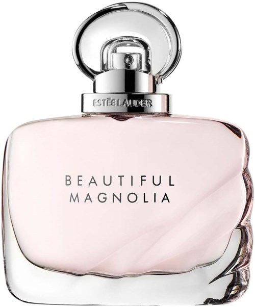 Een parfumfles met 'Beautiful Magnolia' erop, strak, rond glasontwerp en een doorzichtig deksel.