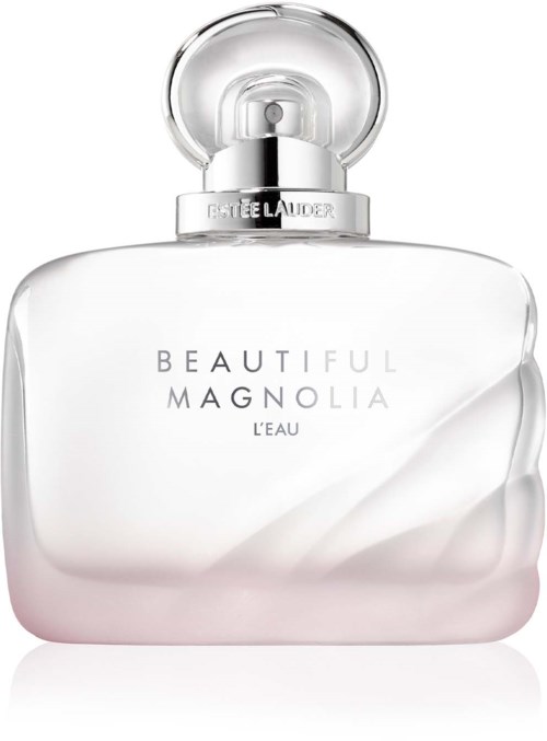 Een heldere parfumfles met een ronde dop, gelabeld 'Beautiful Magnolia L'Eau' door Estée Lauder.