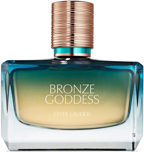Een parfumfles met de naam Bronze Goddess van Estée Lauder met een gouden deksel en een groenachtige container.