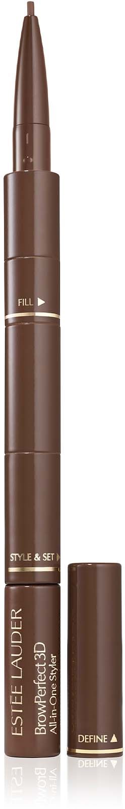 Een bruine make-up potlood met de cap, gelabeld 'Define & Set'. Het is een cosmetisch product van Estée Lauder.
