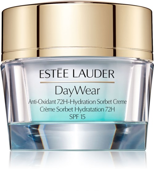 Een potje van Estée Lauder DayWear crème met goudkleurige deksel en blauwe inhoud.