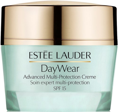 Een huidverzorgingspot met een gouden deksel, labelt Estée Lauder DayWear, SPF 15, voor gelaatsbescherming.