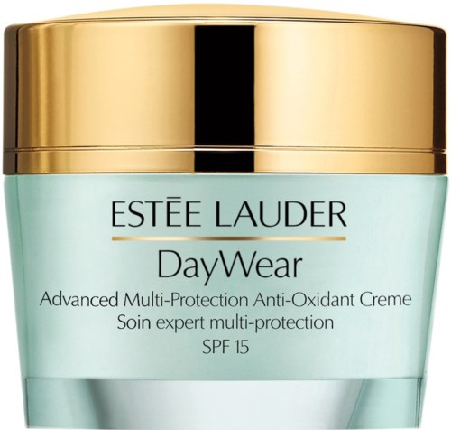 Een potje van Estée Lauder DayWear antioxidanten gezichtscrème met gouden deksel en lichtgroen potje.