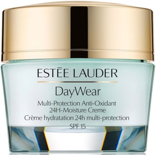 Een potje Estée Lauder DayWear multi-beschermende anti-oxidant vochtinlage met SPF 15 en een gouden deksel.