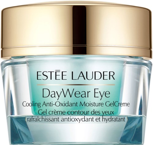 Een potje van Estee Lauder DayWear Eye oogcrème met een gouden deksel en blauwe gel binnenin.