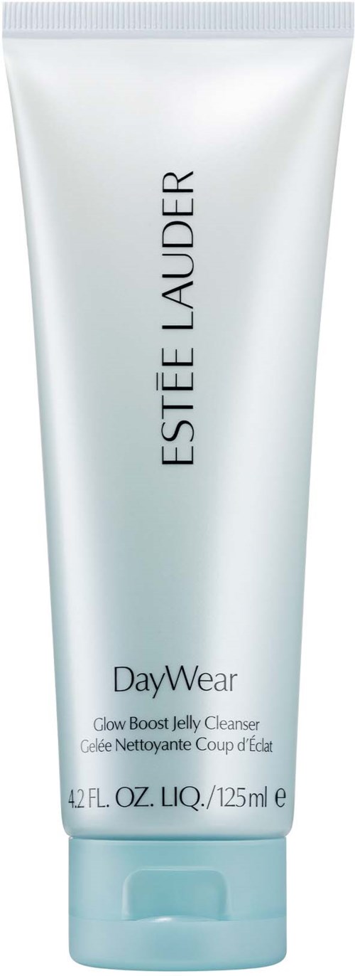 Een witte tube met Estée Lauder DayWear Glow Boost Jelly Cleanser. Bevat 4,2 vloeistuncia’s huidverzorgingsproduct.