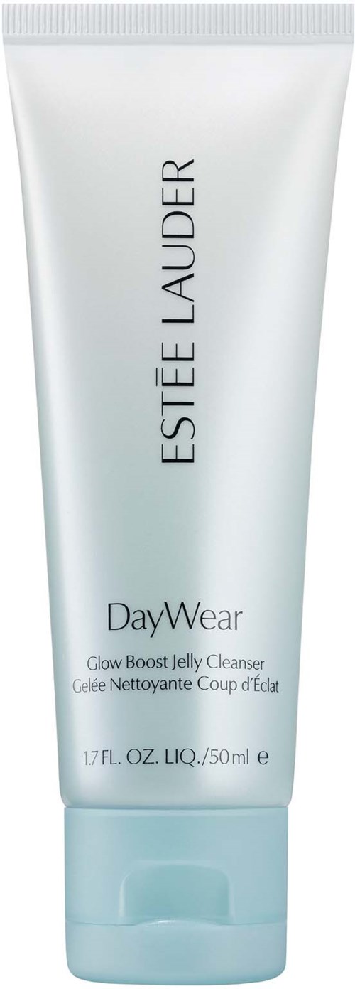 Een witte tube van Estée Lauder DayWear Glow Boost Jelly Cleanser met blauwe dop.