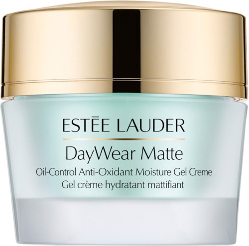 En burk med Estée Lauder DayWear Matte oljekontrollerande fuktgel med guldlock och ljusblå behållare.