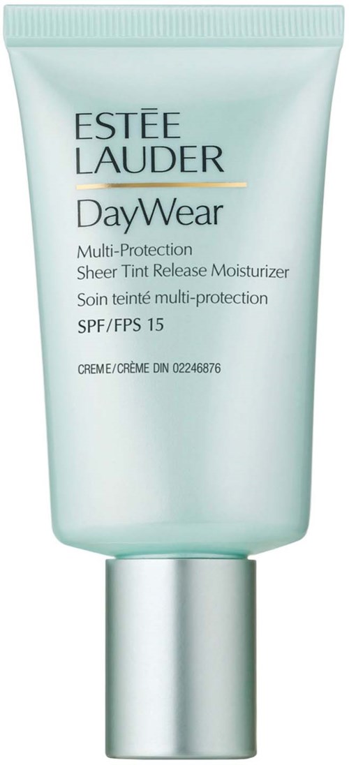 A light blue tube of Estée Lauder DayWear moisturizer with SPF 15, designed for skin protection.