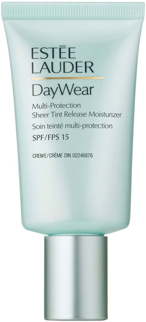 Lichtblauwe tube van Estée Lauder DayWear moisturizer met SPF 15, voor bescherming tegen zon en hydratatie.