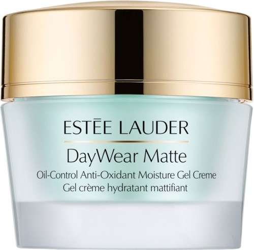 En burk med Estee Lauder DayWear Matte moisturizer med en guldig lock och ljusblå behållare.