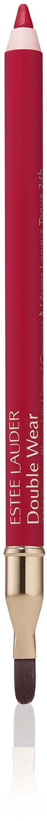 Een rode make-uppen kwast met een gouden en beige handvat, gemerkt 'ESTÉE LAUDER Double Wear'.