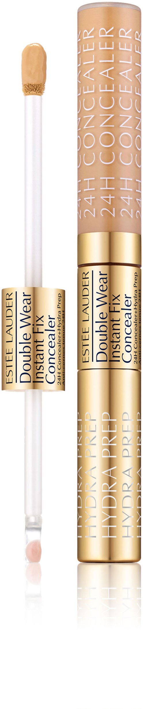 En gullfarget og beige tube med concealer og applikator for sminke. Merket sier '24H Concaler' og 'Hydra Blur.'
