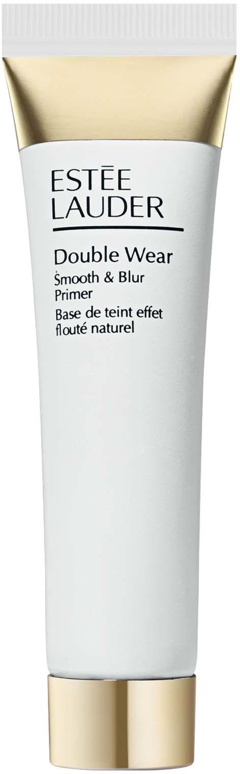 Een witte tube met gouden dop, met Estée Lauder Double Wear primer voor een gladde en wazige make-up.