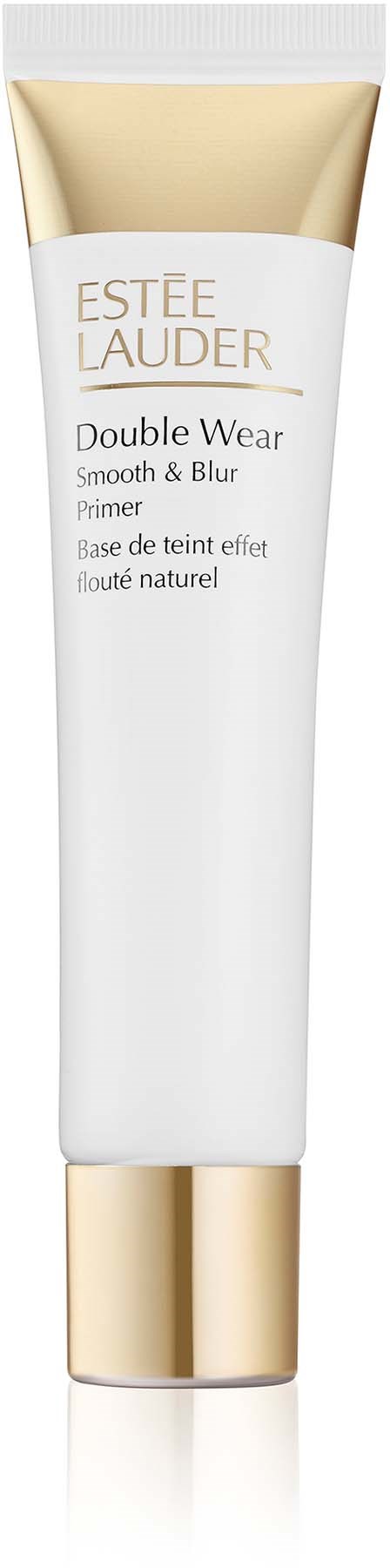 Een witte tube met gouden dop met Estée Lauder Double Wear foundation, gemarkeerd als glad, wazig en natuurlijk.