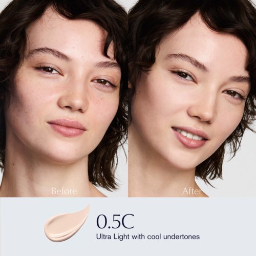 Two photos show a woman's face before and after using a light makeup product with cool undertones.