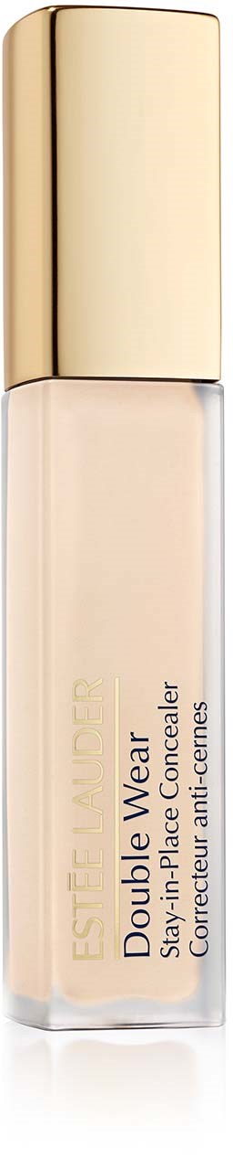A bottle of Estée Lauder Double Wear Stay-in-Place Concealer with a gold cap and beige liquid inside.