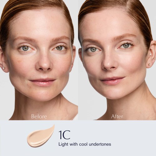 A woman shows a clear difference in skin brightness and clarity before and after makeup application.