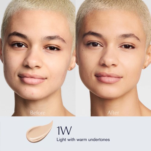 Side-by-side comparison showing a person's face before and after makeup with warm undertones.