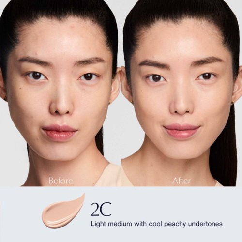 A woman shows her face before and after using makeup with peachy tones. Skin looks clearer and more glowing after.