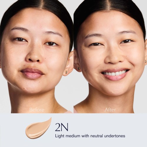 Side-by-side comparison of a woman's face before and after using makeup, showing improved skin and a brighter smile.