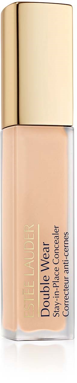 A beige liquid concealer in a clear bottle with a gold cap. The label reads 'Double Wear Stay-in-Place Flawless Wear Concealer.'