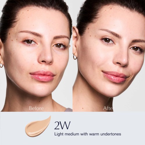 Side-by-side before and after photos showing improved skin with makeup. Includes a foundation shade called 2W for warm undertones.
