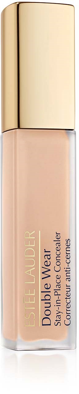 A beige liquid concealer in a clear bottle with a gold cap, labeled as Estée Lauder Double Wear Stay-in-Place.