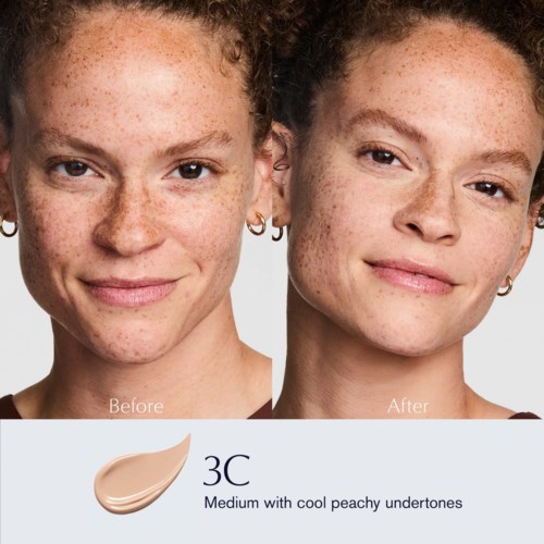 Two photos of the same woman showing her skin before and after using makeup, with a foundation description below.