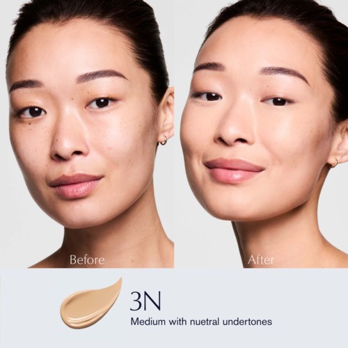 Side-by-side photos show a woman's face before and after using makeup, highlighting smoother skin and even tone.