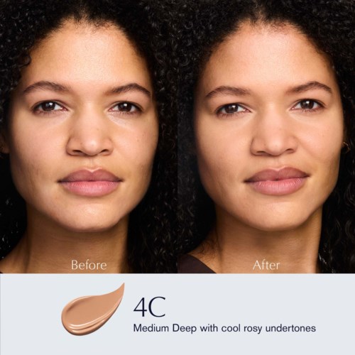 Voor en na beelden die huidverbetering tonen met make-up of huidverzorging. Tekst noemt medium diep met koele roze ondertonen.