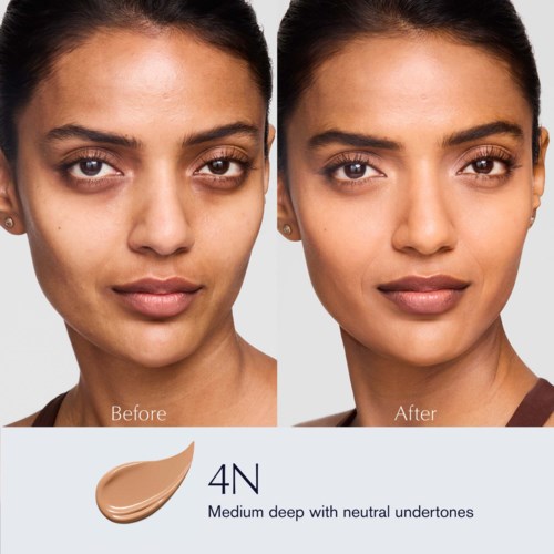 A woman's face before and after makeup application, showing clearer skin and enhanced features. Advertisement for a foundation product.