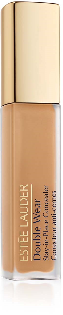 A beige liquid concealer in a clear bottle with a gold cap, labeled Estée Lauder Double Wear.
