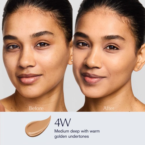 A woman shows before and after photos of her face, looking more even and glowing after using makeup foundation.