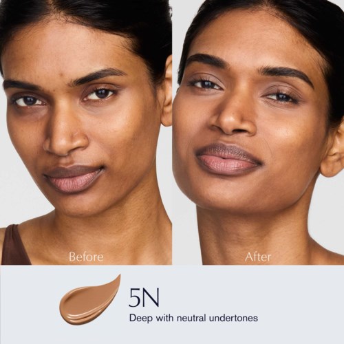 A woman shows before and after skin improvement with makeup, focusing on even skin tone and natural look.
