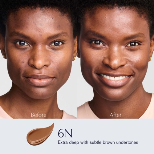 Een vrouw toont duidelijke huidverbetering in een voor-en-na foto met make-up, met een product gemarkeerd '6N' voor diepere bruine ondertonen.
