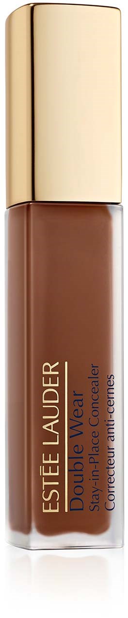 Een fles Estée Lauder Double Wear vloeibare foundation met een beige dop en bruine inhoud.