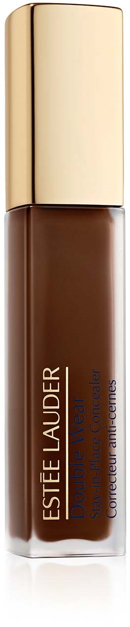 A brown liquid foundation bottle with a gold cap from Estée Lauder. It is upright and has brand and product info.