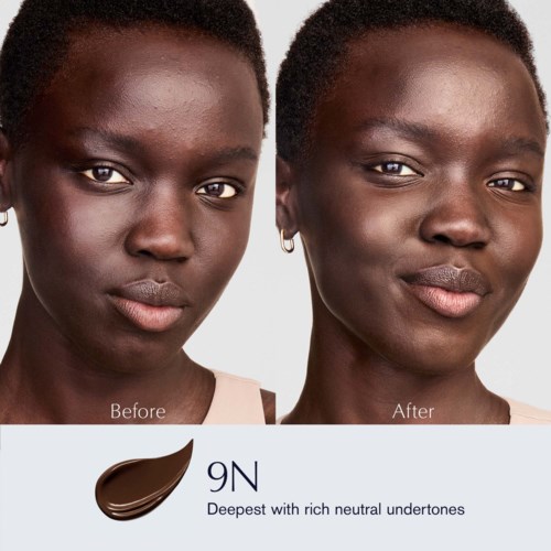 Comparison showing a woman's face before and after makeup with improved skin tone and appearance.