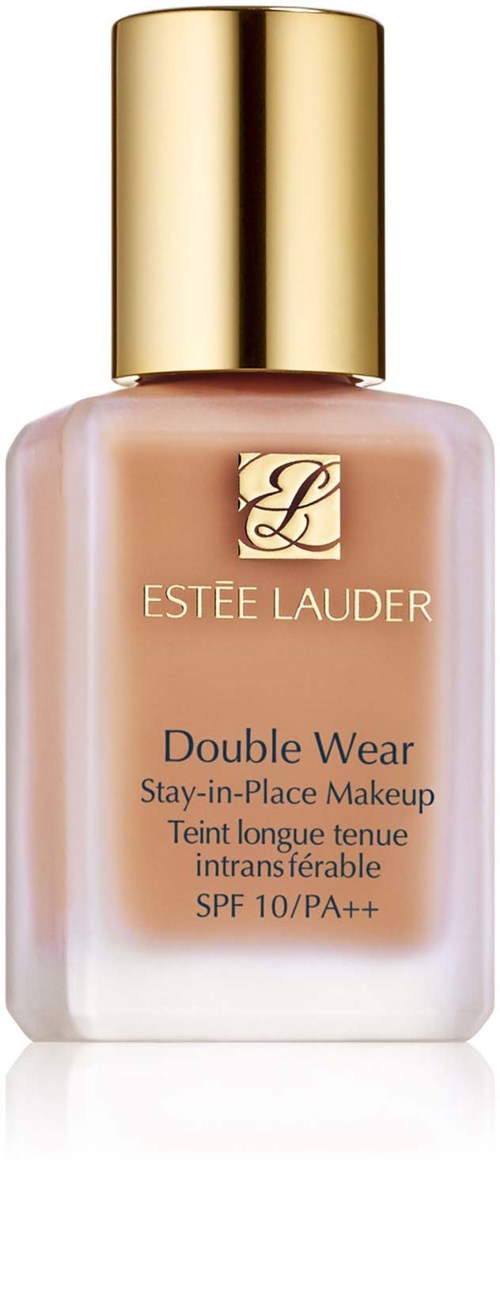 En flaska av Estée Lauder Double Wear foundation med en guldlock och rosa vätska inuti.